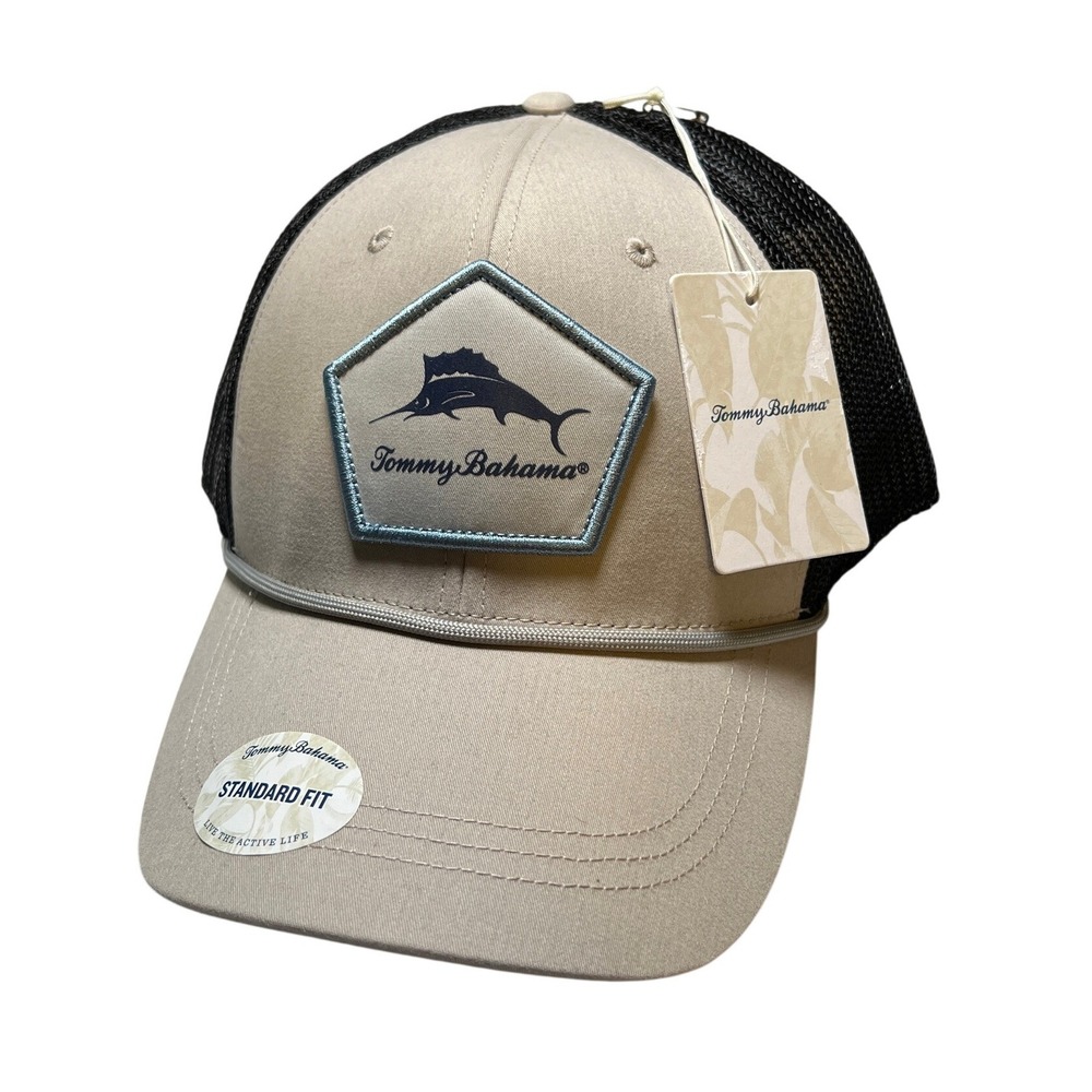 Tommy‎ Bahama Trucker Hat Mens One Size Khaki Black Marlin Patch Rope Snapback